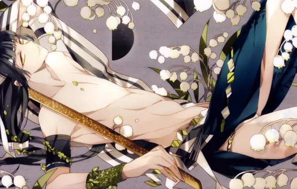 Smile, katana, samurai, guy, lilies of the valley, Demons pale cherry, Hakuouki Shinsengumi Kitano, lying …