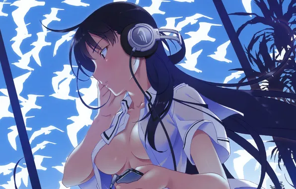 The sky, girl, hair, headphones, long, mp3 player