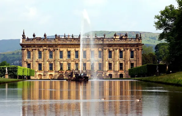 Picture England, duck, Castle, fountain, Palace, England, the estate, Chatsworth House
