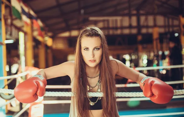 Picture look, girl, Boxing, gloves, the ring