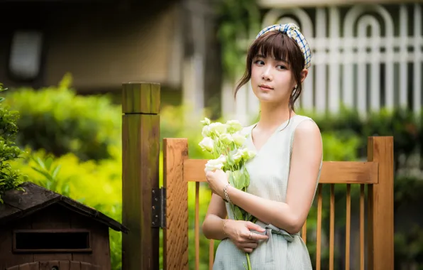 Wallpaper Girl Flowers Bouquet Asian Cutie Bokeh For Mobile And