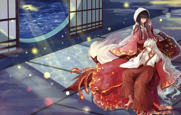 Girls, anime, window, art, moonlight, Touhou, Touhou, Touhou