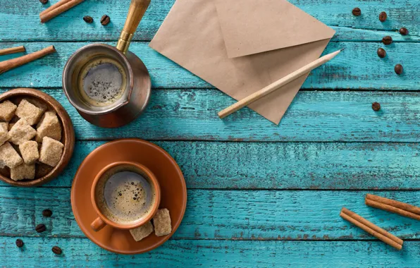 Letter, background, coffee, sugar, cinnamon