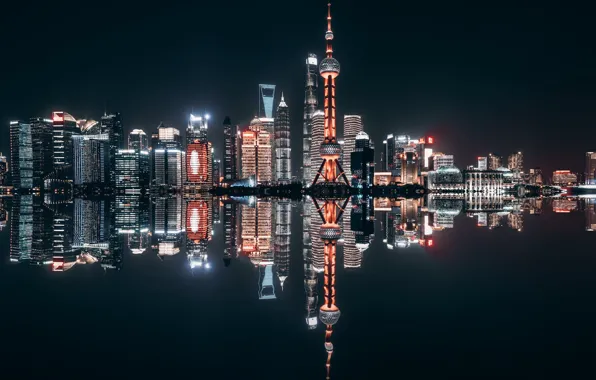 Light, night, the city, lights, reflection, the dark background, shore, view