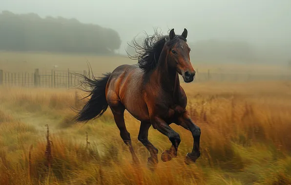 Field, fog, horse, horse, running, chestnut, AI art, neural network