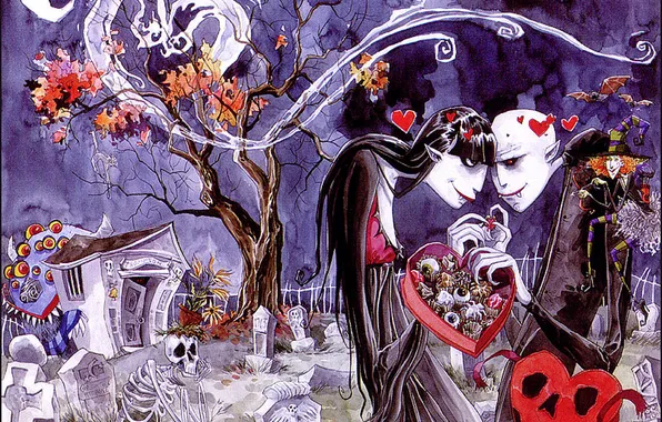 Night, Love, Vampires, The moon, Picture, Two, Valentine's day, Valentine's Day