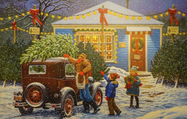 Machine, snow, holiday, tree, Christmas, family, garland, John Sloane