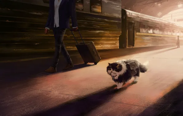 Picture cat, station, train, artist, Peron, Andrew Biological, cat's journey, pastures