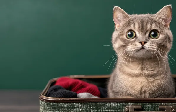 Cat, cat, look, kitty, grey, things, suitcase, face