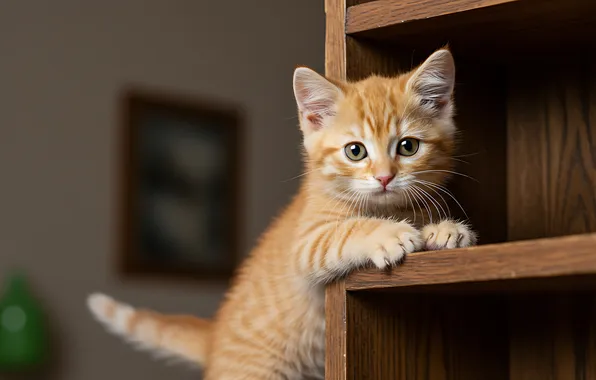 Cat, look, pose, kitty, room, red, wardrobe, face