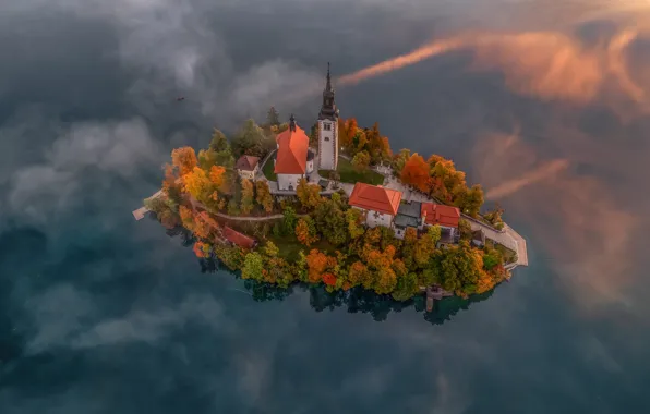 Autumn, trees, lake, island, Church, Slovenia, Lake Bled, Slovenia