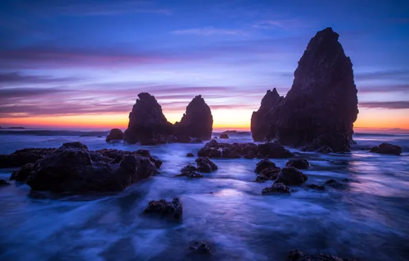 Sea, wave, purple, the sky, clouds, landscape, sunset, blue