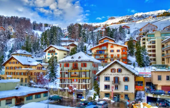Winter, the sky, snow, mountains, home, town