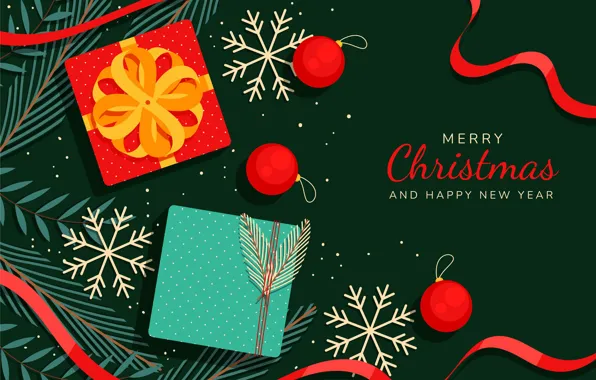 Balls, snow, snowflakes, tape, Christmas, gifts, red, New year