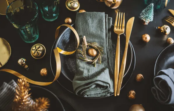 Balls, the dark background, towel, plate, Christmas, knife, tape, dishes