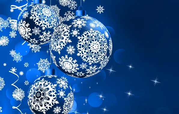 Blue, New Year, Balls, Snowflakes, Holidays