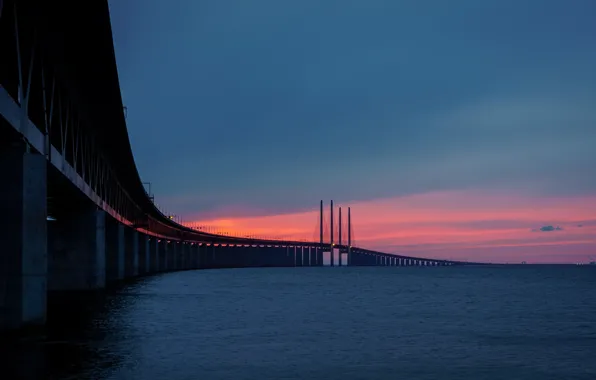 Sunset, bridge, Sweden, Bunkeflostrand, Skane, The øresund bridge