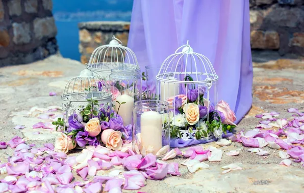 Flowers, roses, candles, petals, cells, decor, bouquets, eustoma