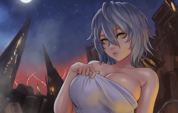 Girl, moon, sexy, cleavage, boobs, anime, night, beautiful