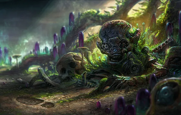 Earth, mushrooms, trail, skull, being, art, crystals, Golem