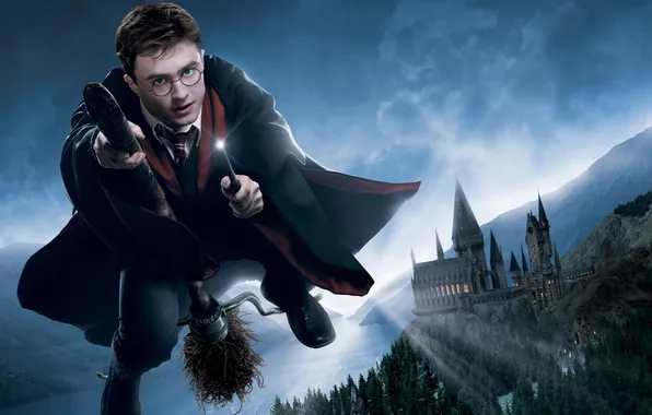 Picture flight, broom, wand, Hogwarts, Daniel Radcliffe, Hogwarts, Harry Potter and the order of the Phoenix, …