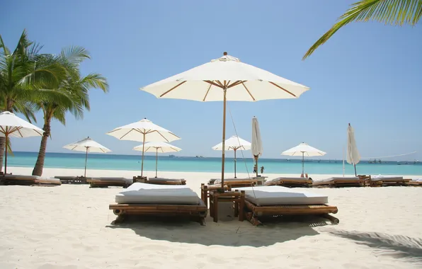 Picture sea, beach, Palma, umbrellas, sunbeds