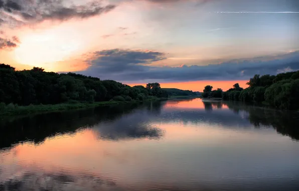 Picture clouds, trees, dawn, river, Bank