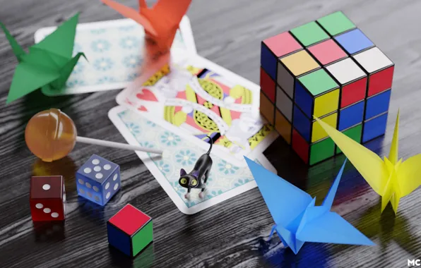 Cat, bones, Lollipop, origami, Rubik's cube, by mclelun