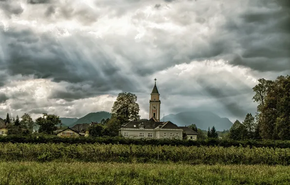 Field, the sun, clouds, mountains, village, Church