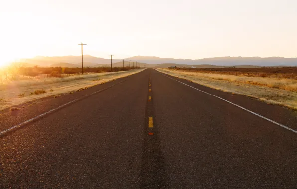 Road, the sky, sunset, mountains, horizon, power line