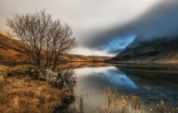 Picture clouds, mountains, lake, stones, Scotland