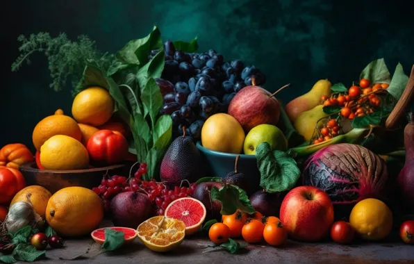Greens, berries, table, apples, food, harvest, grapes, fruit