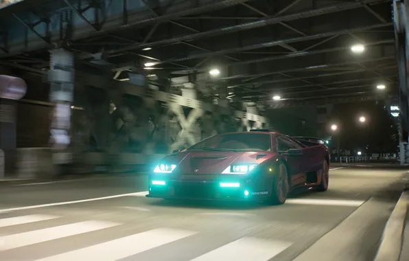 Auto, Road, Night, Machine, Lights, Purple, Diablo, Lamborghini Diablo
