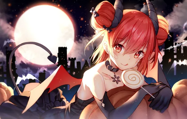 Girl, night, the moon, pumpkin, horns, Lollipop, candy, Halloween