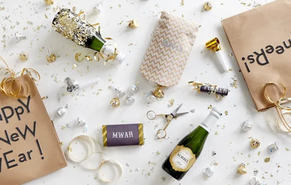 Picture the inscription, new year, package, candy, champagne