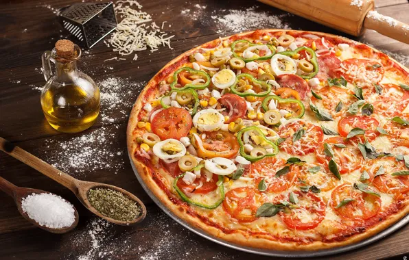 Egg, oil, cheese, pepper, pizza, tomatoes, spices, salt