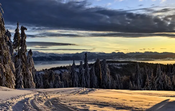 Winter, road, snow, landscape, sunset, mountains, nature, ate