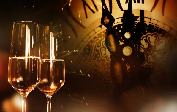 Decoration, night, watch, New Year, glasses, champagne, 2018, New Year
