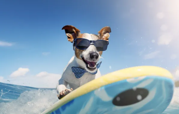 Sea, wave, water, dog, surfing, face, surfer, sunglasses