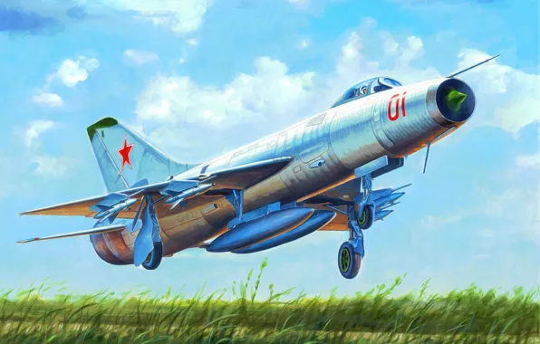Picture art, airplane, painting, aviation, jet, Soviet Su-9 Fishpot
