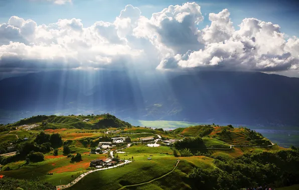 Sky, trees, landscape, nature, Sun, clouds, people, hills