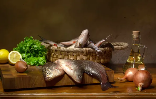 Picture fish, table, bottle, oil, bow, Board, basket, lemons