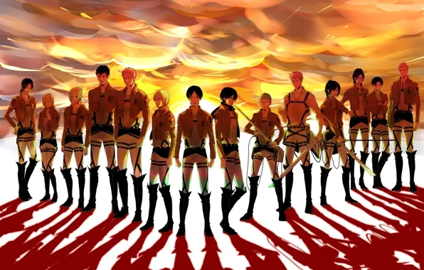 The sky, sunrise, dawn, shadow, boots, swords, military uniform, Shingeki no Kyojin