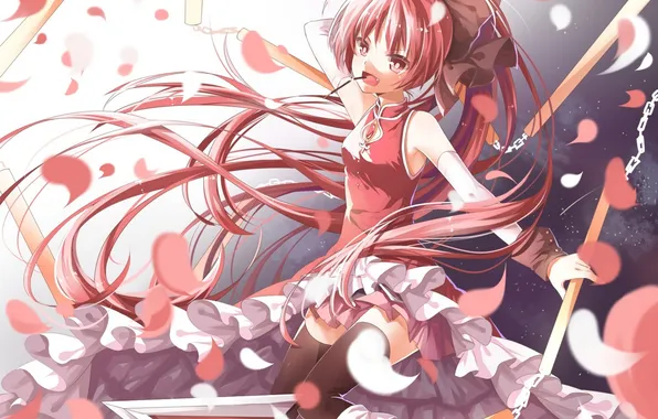 Girl, weapons, anime, petals, art, mahou shoujo madoka magica, sakura kyouko, girl madoka