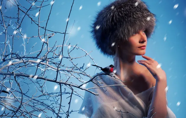 Girl, snow, branches, smile, hat, bird