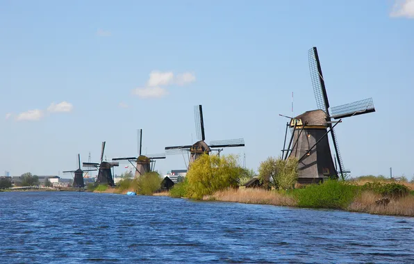 Picture the sky, village, mill, channel, Netherlands, Kinderdijk, Kinderdijk