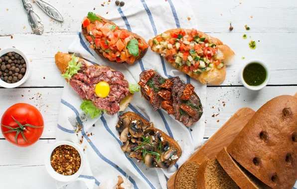 Mushrooms, egg, bread, meat, vegetables, tomatoes, sauce, tomatoes