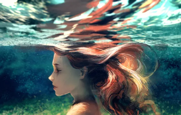 Picture girl, under water, by yuumei
