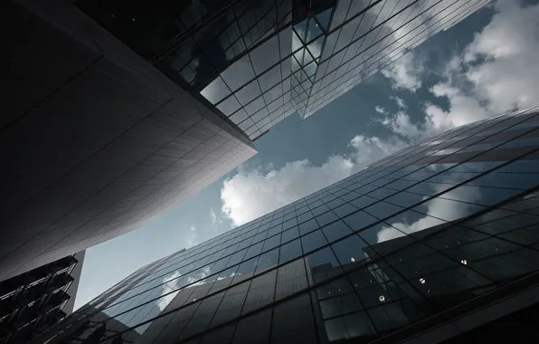 The sky, glass, clouds, city, the city, reflection, photo, background