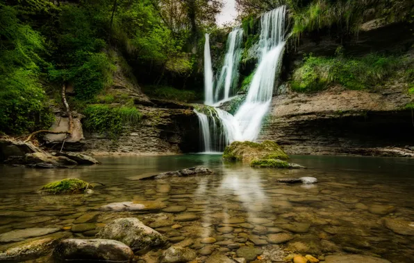 Greens, forest, trees, rock, stones, waterfall, moss, Spain